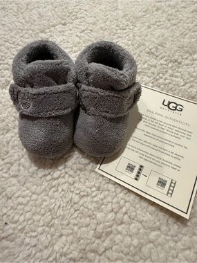 UGG Gray Plush Baby Booties with Strap